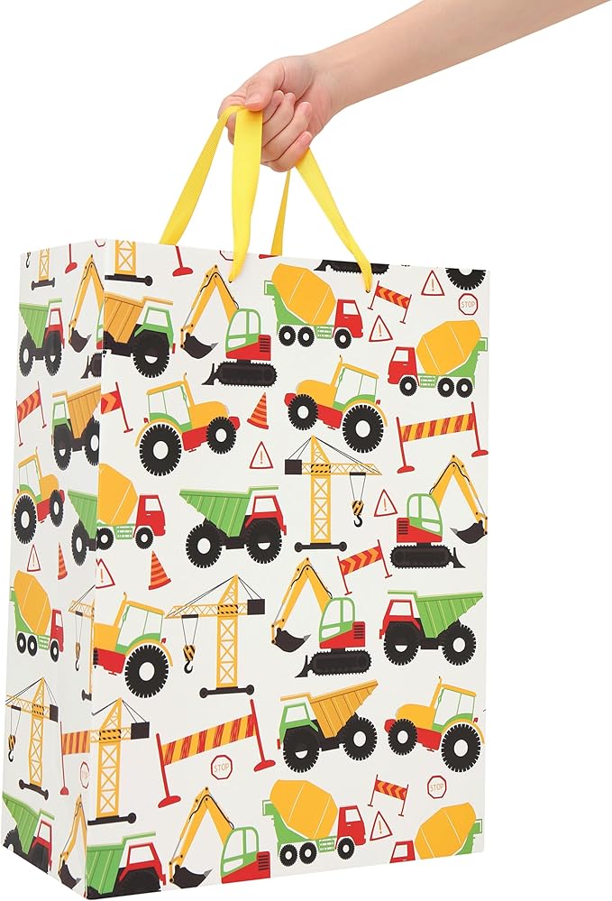 16.5” Extra Large Vehicle-themed Gift Bags Set with Greeting Card and Tissue Paper (Yellow Car Design) for boys, Kids Birthday Party, Baby boy, Baby Shower, Newborn, New Moms or Parents -