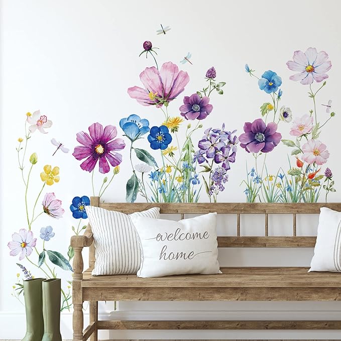 Zonon Flowers Wall Decals Vinyl Dragonflies Flowers Wall Stickers Removable Floral Wall Murals Peel and Stick Colorful Flower Wall Decor for Bedroom Living Room Nursery(Beautiful)