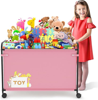 180L Kids Large Toy Box with Wheels, Metal & Oxford Cloth Big Toy Chest for Boys Girls, Toy Organizer with Wooden Handle for Bedroom, Living Room Area, Stuffed Animals, Clothes(Pink, 1PC)