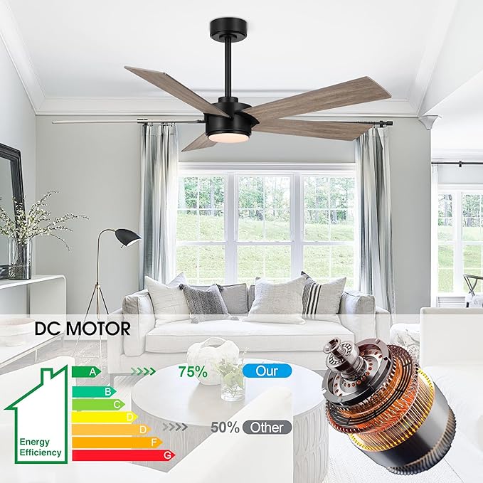 54" Ceiling Fan with Light and Remote Control, Modern Dimmable LED Light, 6-Speed Noiseless Reversible DC Motor, 5 Plywood Ceiling Fan for Kitchen Bedroom Living Room Black/Wood Color