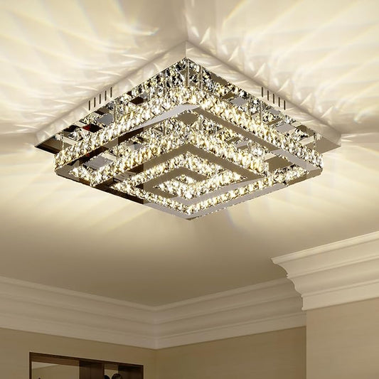 24" Large Elegant Crystal Chandelier, Modern Led 3 Color Dimmable Ceiling Light 2 Layers Square Flush Mount Ceiling Lamp for Bedrooms Dining Rooms Living Room Kitchen Staircase Hallway(Dimmable)