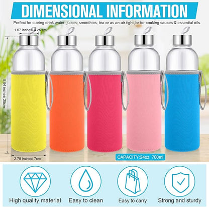 12 Set 24 oz Clear Glass Water Bottles, Reusable Glass Juicing Bottles with Colorful Protection Sleeve and Stainless Steel Leak Proof Lids for Milk Smoothie Juice Beverage Tea