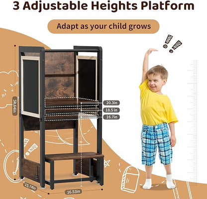 Toddler Kitchen Stool Helper Tower - 4 in 1 Learning Standing Tower for Kitchen Counter, Steel-Wood Toddler Step Stool for 1-3 Kids - Kitchen Kids Helper Stool Adjustable Height, Kitchen Toddler Stand