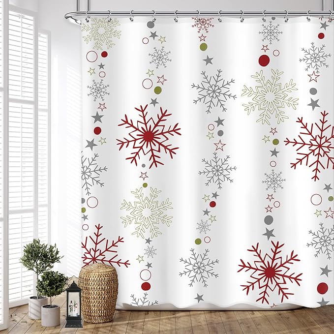 Christmas Shower Curtain 60Wx72L Inch Snowflake Winter Shower Curtain Bathroom Set Red Red Grey White Big Small Snowflakes Merry Xmas Holiday Kids Bath Curtain Bathtub Accessories Home Decor