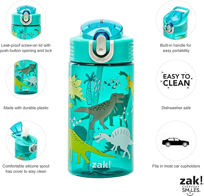 Zak Designs Kids Water Bottle For School or Travel, 16oz Durable Plastic Water Bottle With Straw, Handle, and Leak-Proof, Pop-Up Spout Cover (Dinosaur)