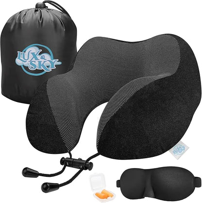 Lux & Sky Cooling Memory Foam Travel Neck Pillow Set for Airplane Car, Home, Office | Travel Essential Neck Pillow with Sleeping Mask & Earplugs | 3 in 1 U Shape Memory Foam Travel Pillow (Black)