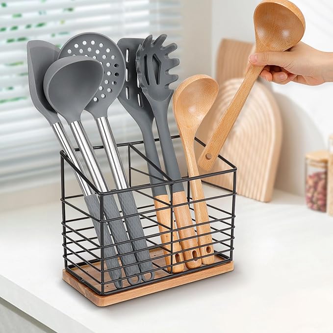 Utensil Holder for Kitchen Counter, Metal Utensil Holder Rack for Kitchen Countertop, Cooking Tools Storage for Spatula, Utensil Organizer with Sturdy Base, and Drainage Hole (Black Wooden)