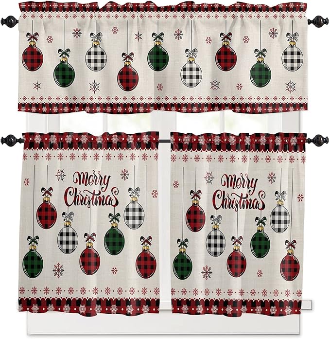 Vandarllin Christmas Kitchen Curtains and Valances Set, Vintage Buffalo Plaid Christmas Balls Window Treatments Tiers Farmhouse Half/Short Curtains for Small Windows Cafe/Living Room/Bedroom 54x24 in