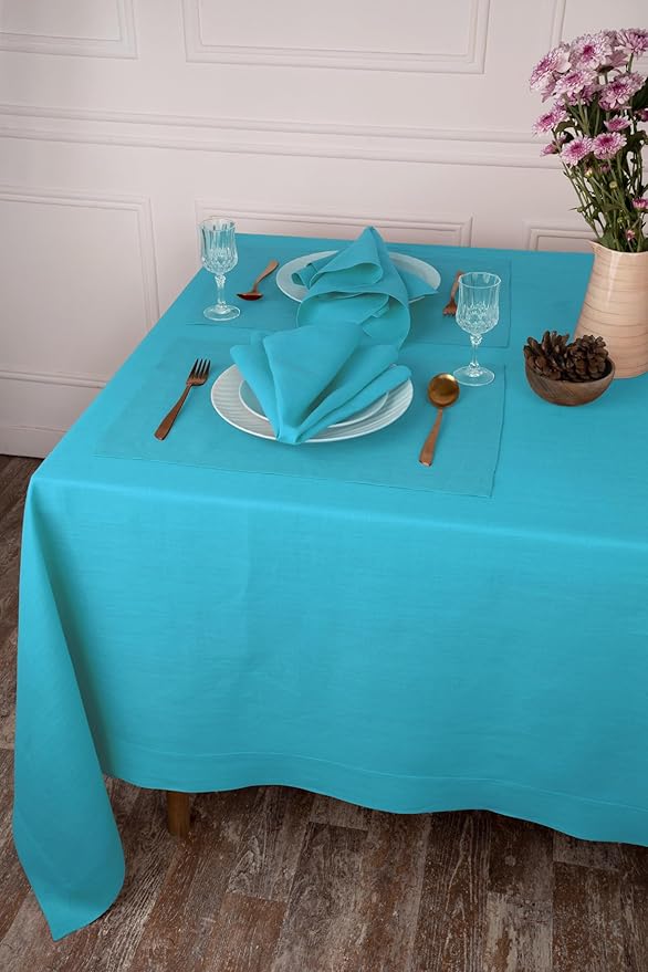 D'Moksha Homes Linen Tablecloth 60 x 84 Inch - 100% Pure Linen Cyan Blue Tablecloth - Machine Washable Dining Tablecloth for Rectangle Tables