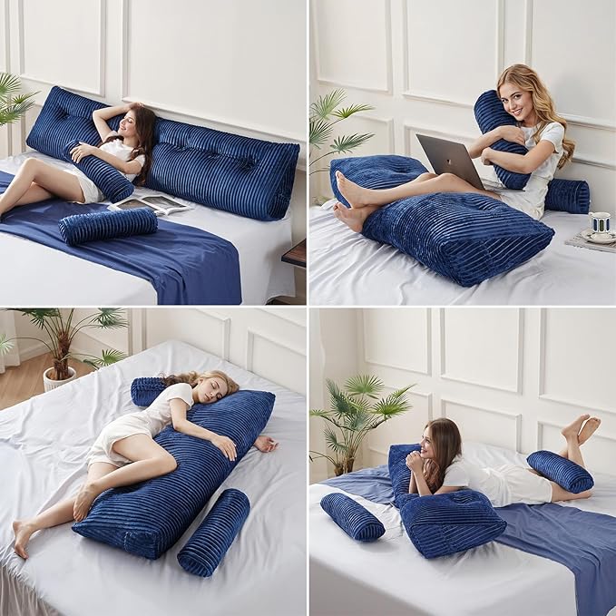 Z-hom King Triangular Headboard Pillow, King Size Wedge Headboard Pillow with 2 Roll Pillows, King Bed Reading Pillows Large Backrest Wedge Pillow (Blue, King: 76”x20”x8”)