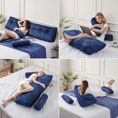 Z-hom Queen Triangular Headboard Pillow, Queen Size Wedge Headboard Pillow with 2 Roll Pillows, Queen Bed Reading Pillows Large Backrest Wedge Pillow (Blue, Queen: 60”x20”x8”)