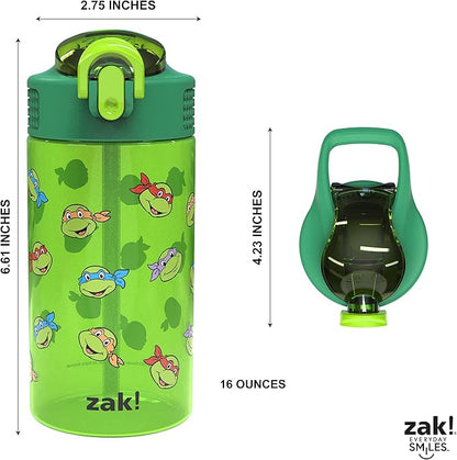 Zak Designs Teenage Mutant Ninja Turtles Kids Water Bottle For School or Travel, 16oz 2 Count (Pack of 1) Durable Plastic Water Bottle With Straw, Handle, and Leak-Proof, Pop-Up Spout Cover (TMNT)