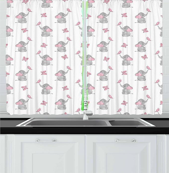 Ambesonne Elephant Nursery Kitchen Curtains, Baby Elephants Playing with Butterflies Design Pattern, Window Drapes 2 Panel Set for Kitchen Cafe Decor, 55" x 36", Grey Pink