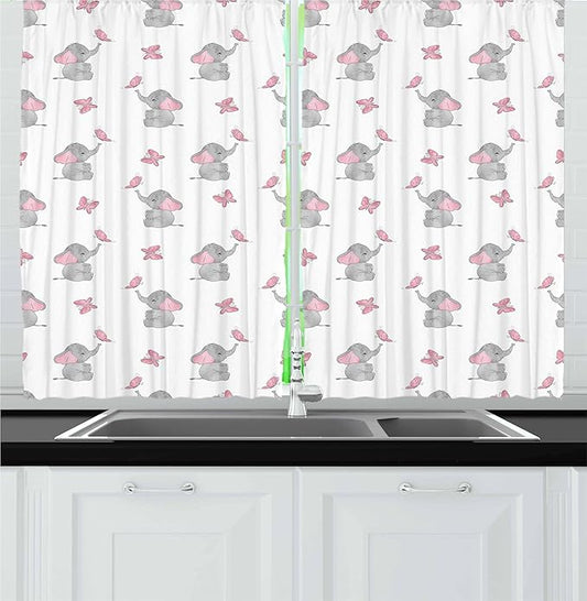 Ambesonne Elephant Nursery Kitchen Curtains, Baby Elephants Playing with Butterflies Design Pattern, Window Drapes 2 Panel Set for Kitchen Cafe Decor, 55" x 36", Grey Pink