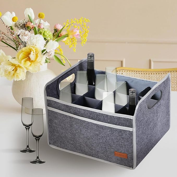 12 Bottle Wine Carrier, Thicken Felt Wine Carry Case Collapsible Wine Bottle Storage Box Liquor Bottle Tote with Handles for Travel, Party, Picnic (Gray)