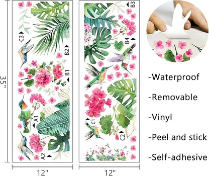 Mfault Spring Geranium Flower Hummingbird Wall Decals Stickers, Summer Red Floral Palm Leaves Monstera Decorations Bedroom Art, Seasonal Home Kitchen Decor Party Supplies