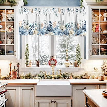 Vandarllin Blue Christmas Poinsettia Kitchen Curtains and Valances Set, Winter Eucalyptus Leaves Windows Treatments Tiers Half/Short Curtains for Small Windows Cafe/Living Room/Bedroom 54x24 in