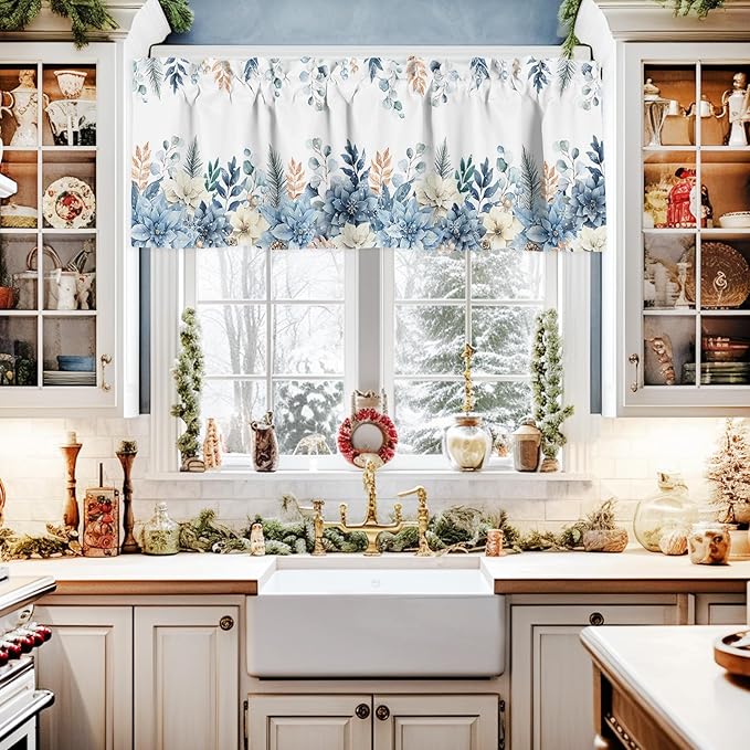 Vandarllin Blue Christmas Poinsettia Kitchen Curtains and Valances Set, Winter Eucalyptus Leaves Windows Treatments Tiers Half/Short Curtains for Small Windows Cafe/Living Room/Bedroom 54x36 in