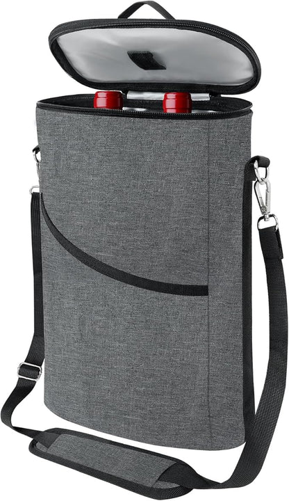 2 Bottle Wine Cooler Bag, Leakproof Insulated Padded Wine Gift Tote Carrier with Handle and Adjustable Shoulder Strap, for Travel, Wine Tasting, Party, Christmas Gift for Wine Lover - Grey