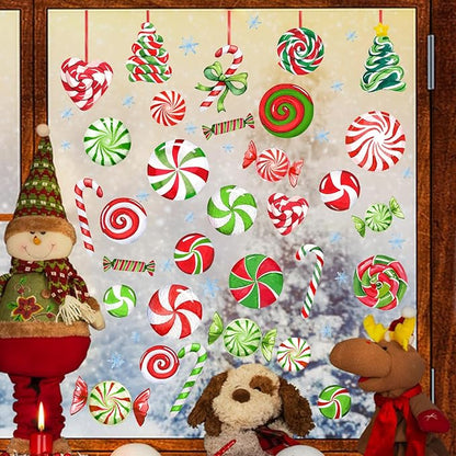 Yovkky 157 PCS Christmas Window Clings 9 Sheets, Xmas Candy Cane Peppermint Lollipop 2025 New Year Stickers Decals Decor, Christmas Snowflakes Winter Holiday Party Home Kitchen Candyland Decorations