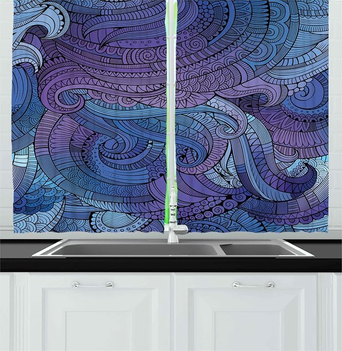 Ambesonne Abstract Long Kitchen Curtains, Ocean Inspired Graphic Paisley Swirled Hand Drawn Artwork Print, Two Panels Drapes with Rod Pocket Room Decor, 55" x 45", Blue Purple