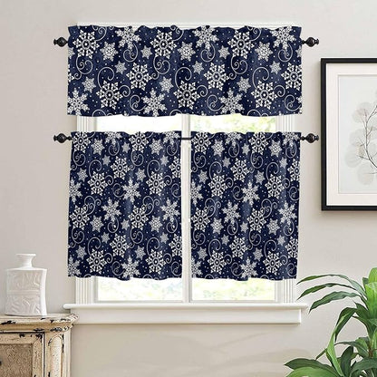 Vandarllin Christmas Kitchen Curtains and Valances Set, White Navy Snowflakes Pattern Windows Treatments Tiers Half/Short Curtains for Small Windows Cafe/Living Room/Bedroom 54x24 in Winter