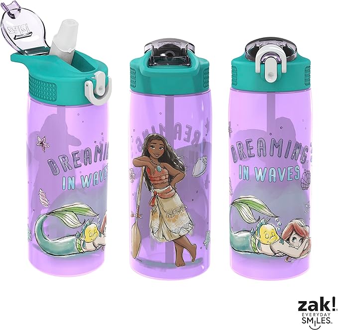 Zak Designs Disney Princess Kids Water Bottle For School or Travel, 25 oz Durable Plastic Water Bottle With Straw, Handle, and Leak-Proof, Pop-Up Spout Cover (Ariel, Moana)