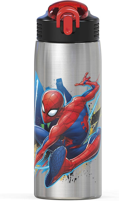 Zak Designs 27oz Marvel 18/8 Single Wall Stainless Steel Water Bottle with Flip-up Straw and Locking Spout Cover, Durable Cup for Sports or Travel (27oz, Spider-Man)