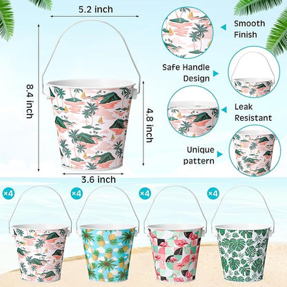 16 Pcs Small Metal Beach Bucket Sand Bucket 4.4 x 5.4 x 6.4 Inches Hawaiian Mini Drink Bucket with Handles for Summer Beach Theme Birthday Party Favors(Classic)