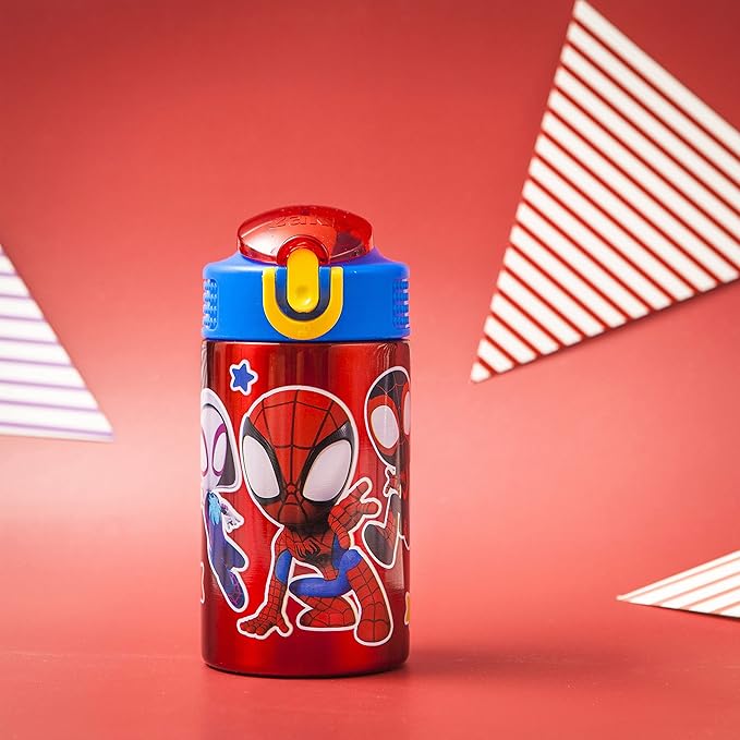 Zak Designs Marvel Spider-Man 18/8 Single Wall Stainless Steel Kids Water Bottle, Flip Straw Locking Spout Cover, Durable Cup for Sports or Travel (15.5oz, Non-BPA, Spidey and His Amazing Friends)