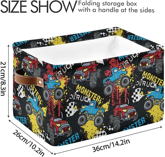 Monster Truck Black Red Blue Storage Basket Fabric Toy Baskets Racing Cars Boys Open Home Storage Bins Boxes Foldable Organizer Bag for Toy Book Shelf Closet Baskets 16×12×8 Inches