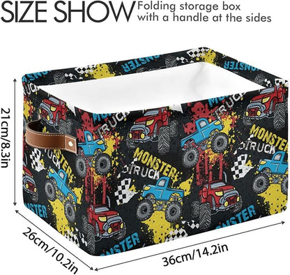 Monster Truck Black Red Blue Storage Basket Fabric Toy Baskets Racing Cars Boys Open Home Storage Bins Boxes Foldable Organizer Bag for Toy Book Shelf Closet Baskets 16×12×8 Inches