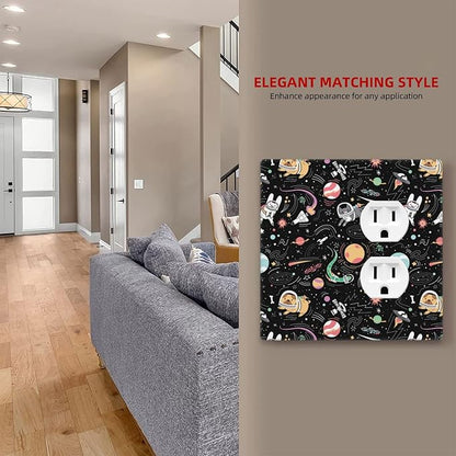 Space Cute Cat Dog Decorative Combo 1 Blank Duplex Outlet Switch Cover Wall Plate 2 Gang for Electrical Kitchen Kids Boys Room Bedroom Bathroom Home Novelty Decorate