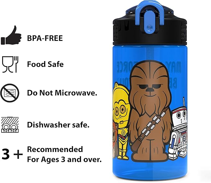 Zak Designs PP Park Straw Kids Durable Plastic Spout Cover and Built-in Carrying Loop, Leak-Proof Water Design for Travel, (16oz, 2pc Set), 2 Count (Pack of 1), Darth Vader Bottle 2pk