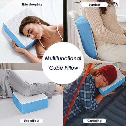 12"x12"x5" Cooling Cube Pillow for Side Sleepers, Square Memory Foam Side Sleeper Pillow Firm Soft Double-Sided Supportive Head Neck Shoulder for Pain Relief Cervical Pillow, White-Blue