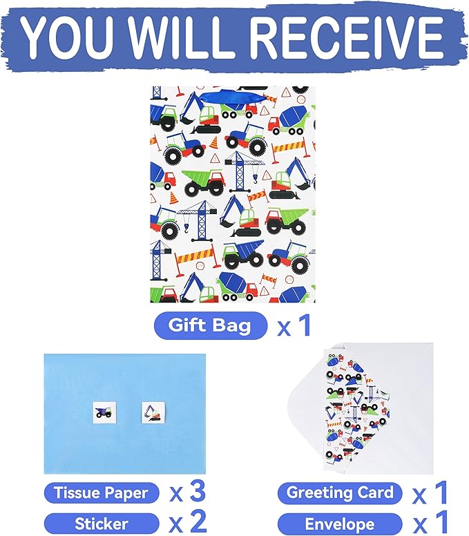 13" Large Vehicle-themed Gift Bags Set with Greeting Card and Tissue Paper (Blue Car Design) for boys, Kids Birthday Party,Baby boy,Baby Shower,Newborn,New Moms or Parents -10.2”x5.2”x13”, 1 Pcs