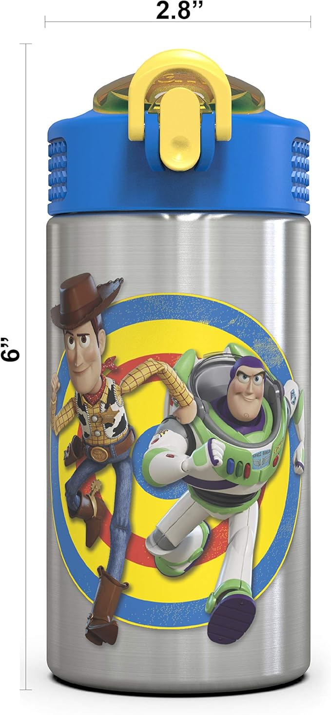 Zak Designs Toy Story 4 Buzz & Woody 15.5 ounce Water Bottle, Non-BPA with One Hand Operation Action Lid and Built-in Carrying Loop, with Straw is Perfect for Kids