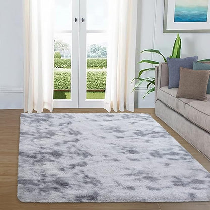 Super Soft Shag Area Rugs Indoor Modern Large Carpets Plush Fluffy Living Room Carpets for Childern Bedroom Non Slip Furry Rugs for Nursery Dorm Home Decor, Tie-Dyed Light Grey, 6' x 9'