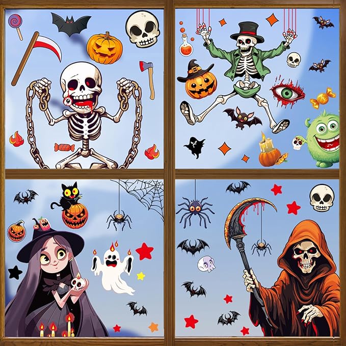 6 Pcs Halloween Window Sticker Cling Horror Movie Character Window Decor Bat Ghost Spider Window Decorations for Glass Windows Halloween School Home Office Party Supplies