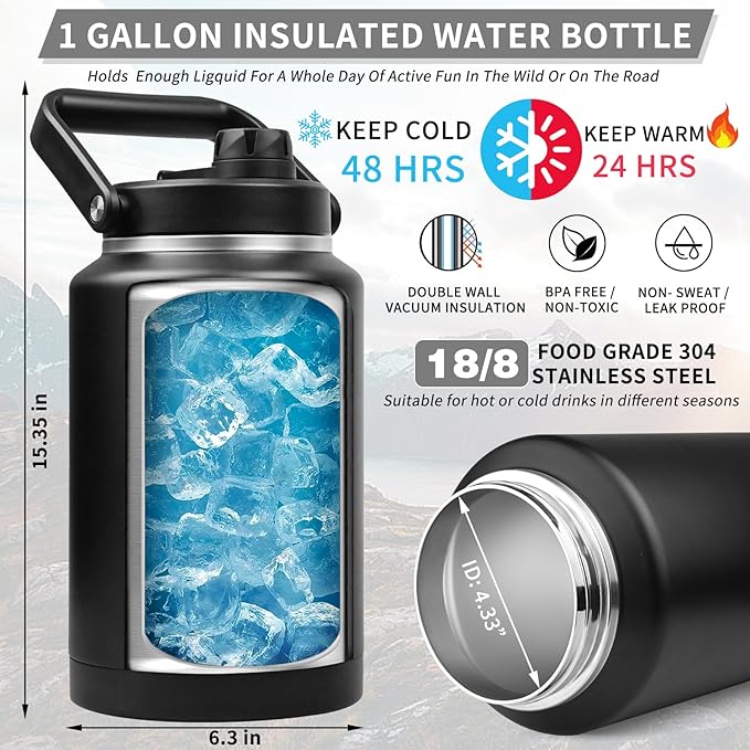 1 Gallon Insulated Water Bottle with Sleeve - 128 Oz Stainless Steel Water Jug with Handle - Wide Mouth Water Flask with Camo Tactical Carrying Bag for Outdoors, Sport, Gym, Hiking