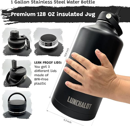 1 Gallon Water Bottle Insulated - 128 Oz Stainless Steel Metal Water Jug with Holder - | Carrying Bag | Spout Handle | Straw Lids | Keep Cold & Hot | - Black Tactical Flask