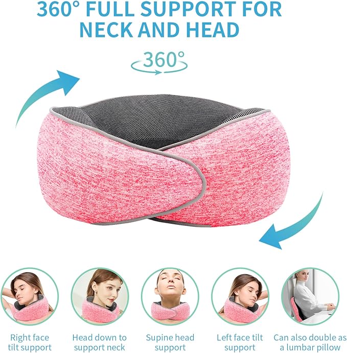 Travel Neck Pillow, Memory Foam Airplane Neck Pillow with 360 Degree Comfort and Breathability, Travel Essentials for Airplanes, Home and Car (Pink)