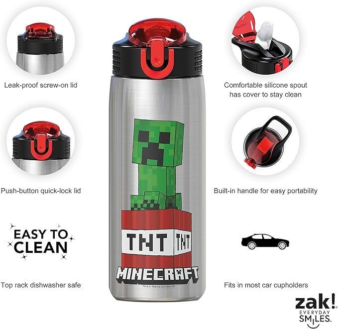 Zak Designs - MICI-V151 27oz Minecraft 18/8 Stainless Steel Water Bottle with Flip-up Straw Spout and Locking Spout Cover, Durable Cup for Sports or Travel (27oz, Minecraft Creeper)