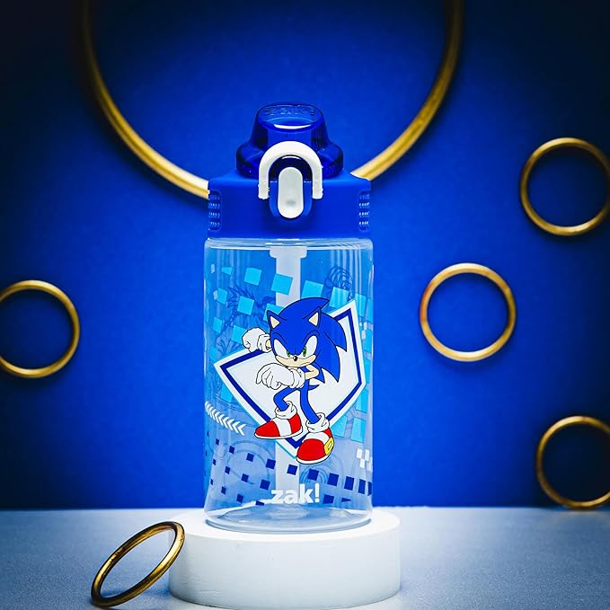 Zak Designs Sage Sonic the Hedgehog Water Bottle For School or Travel, 16oz Durable Plastic Water Bottle With Straw, Handle, and Leak-Proof, Pop-Up Spout Cover (Sonic, Eggman)