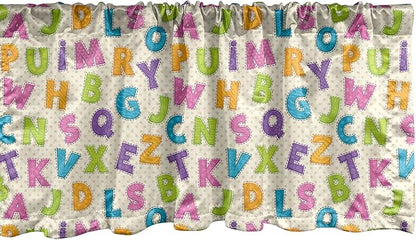 Ambesonne ABC Window Valance, Funny Letters in Lively Colors Cartoon Style ABC Alphabet on Polka Dots Backdrop, Curtain Valance for Kitchen Bedroom Decor with Rod Pocket, 42" x 12", Multicolor