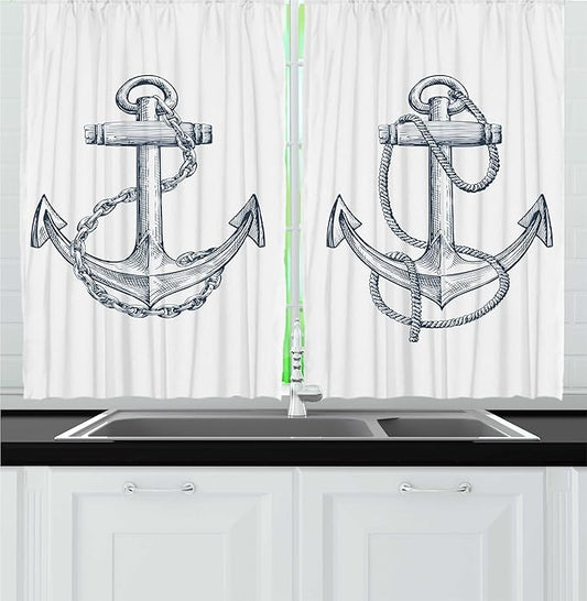 Ambesonne Anchor Kitchen Curtains, Vintage Sketch Nautical Element Ship Sailing Travel Theme Chain Rope, Window Drapes 2 Panel Set for Kitchen Cafe Decor, 55" x 24", Teal White