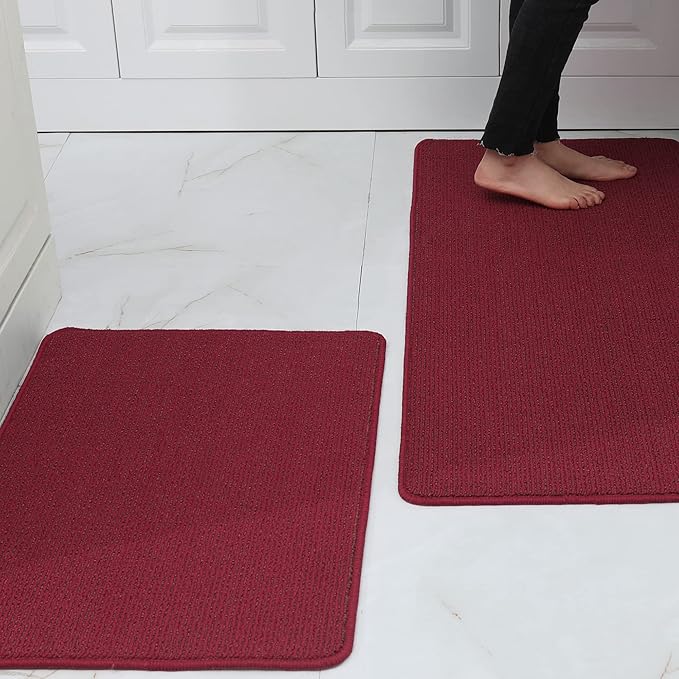 COSY HOMEER 20x30 Inch/20X48 Inch Kitchen Rug Mats Made of 100% Polypropylene Strip TPR Backing 2 Pieces Soft Kitchen Mat Specialized in Anti Slippery and Machine Washable,Red