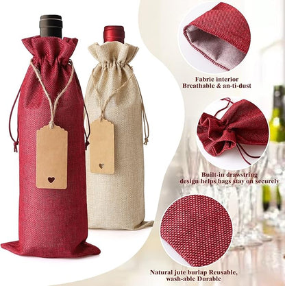 Premium Burlap Wine Bags, 12PCS Wine Bottle Gift Bags with Drawstring, Tags and Ropes, Reusable Wine Gift Bags for Wedding, Birthday, Blind Tastings, Christmas, Hallowen, Travel, Party, Home Storage