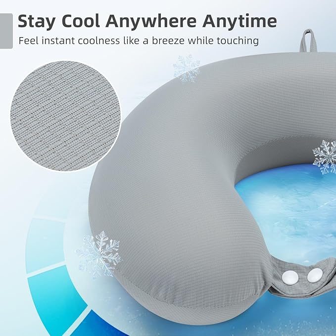 Travel Pillow, Cooling Neck Pillow Airplane Memory Foam with Sleep Mask Earplugs, Soft & Support Airplane Pillow for Travelling Plane Car Train Home Use, Grey