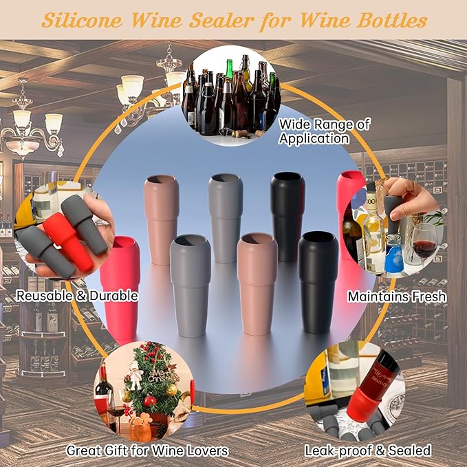 Wine Stopper for Keeping Wine & Champagne Fresh, 12PCS Reusable Silicone Wine Sealer for Wine Bottles, Wine Bottle & Beverage Stopper for Home Use.